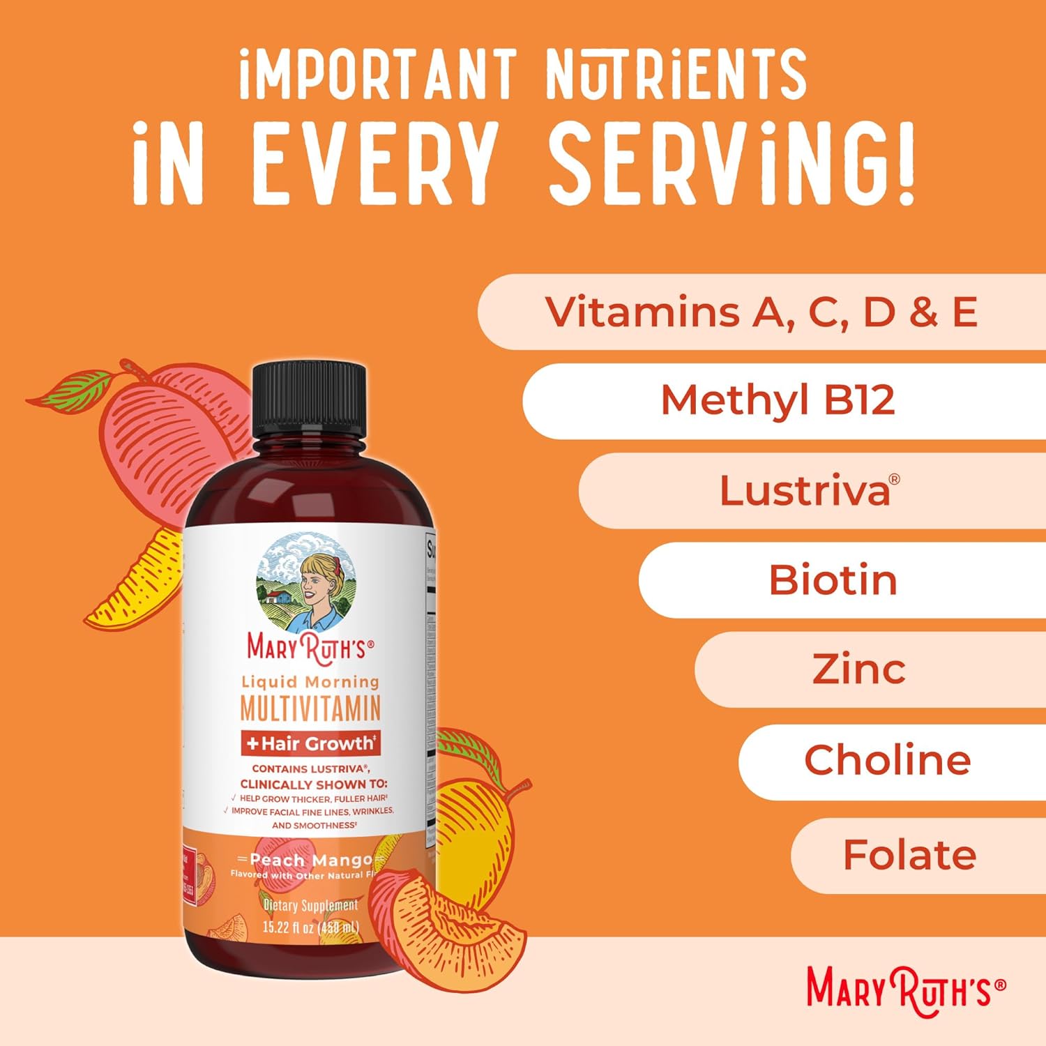 MaryRuth's MaryRuth's Liquid Morning Multivitamin +Hair Growth (Peach Mango, 15.22oz) & Iron Liquid (Berry) | Clean Label Project Verified® | Beauty,