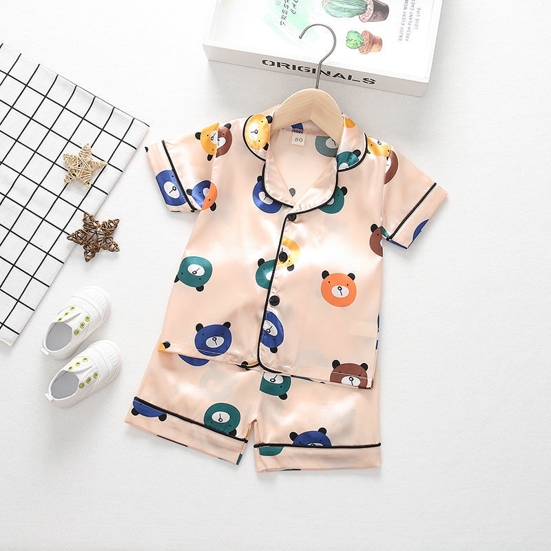 Summer new products for boys and girls cartoon animal cardigan pajamas ice silk short-sleeved shorts children's home service