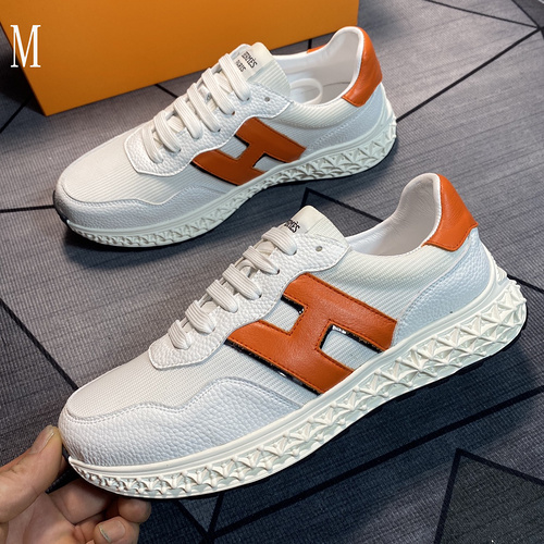 Hermes men's colorblock sneakers with textured calfskin details. Original cowhide upper and breathable mesh upper