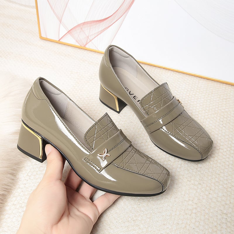 Thick Heel Single Shoes for Women 2024 New Deep Mouth Leather Shoes Mid Heel Lefu Shoes Round Toe Middle aged Women's Shoes