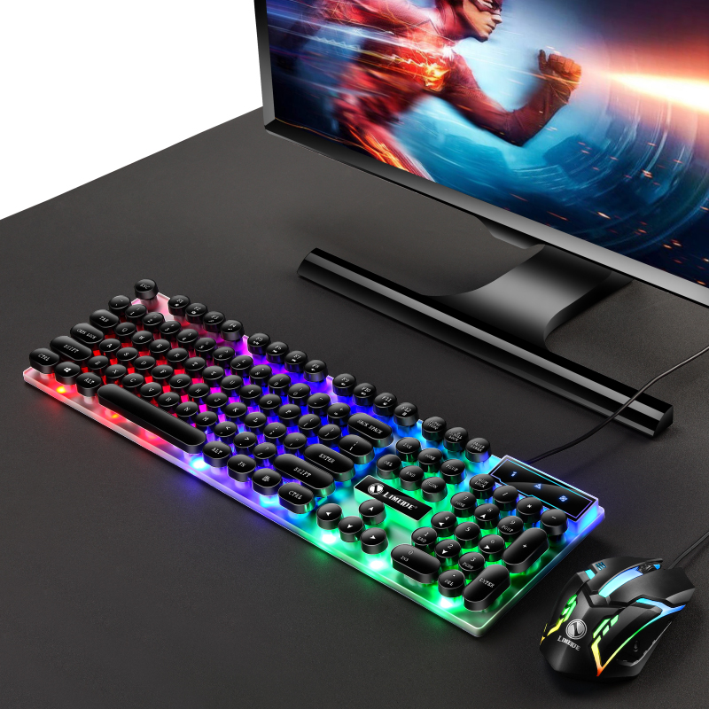 GTX300 Typewriter Keyboard and Mouse Set Punk Retro Keyboard Backlit Game USB Wired Keyboard and Mouse Set for PC Desktops