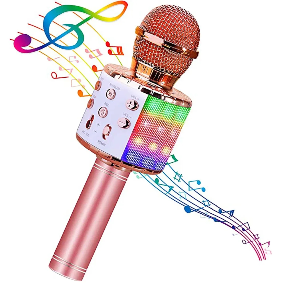 858L Wireless Handheld Microphone Bluetooth-compatible Karaoke Speaker Home KTV Player with Dancing LED Lights Microphones