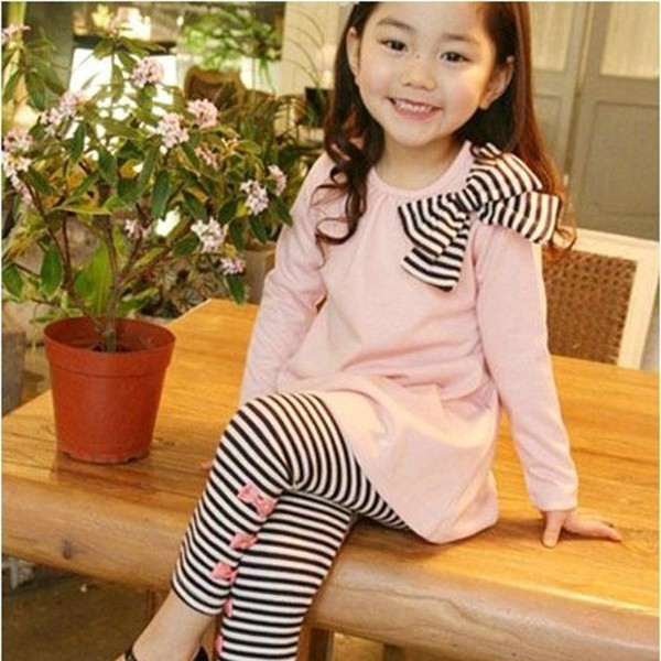 Winter Baby Girl Clothing Set Long Sleeve Bow T-shirt Top +strip Pants with Small Bow Kid Girls Clothing Suits Outfits