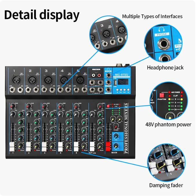 Mixer Audio 7 Channel Sound Mixing Console Bluetooth USB Record Computer 48V MG-07 Professional 7-Channel Audio Mixer