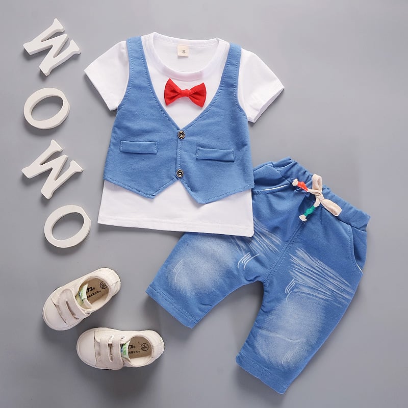Ones boys summer new short sleeve mock waistcoat shorts clothing set baby kids cotton suit