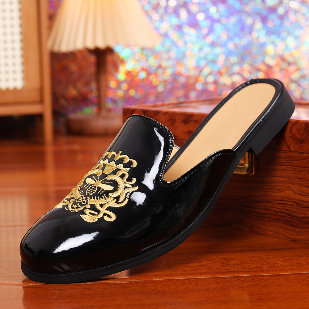 Classics New Men's Half Slippers Metal Button Patent Leather Shoes Male Casual Mules Breathable Loafers