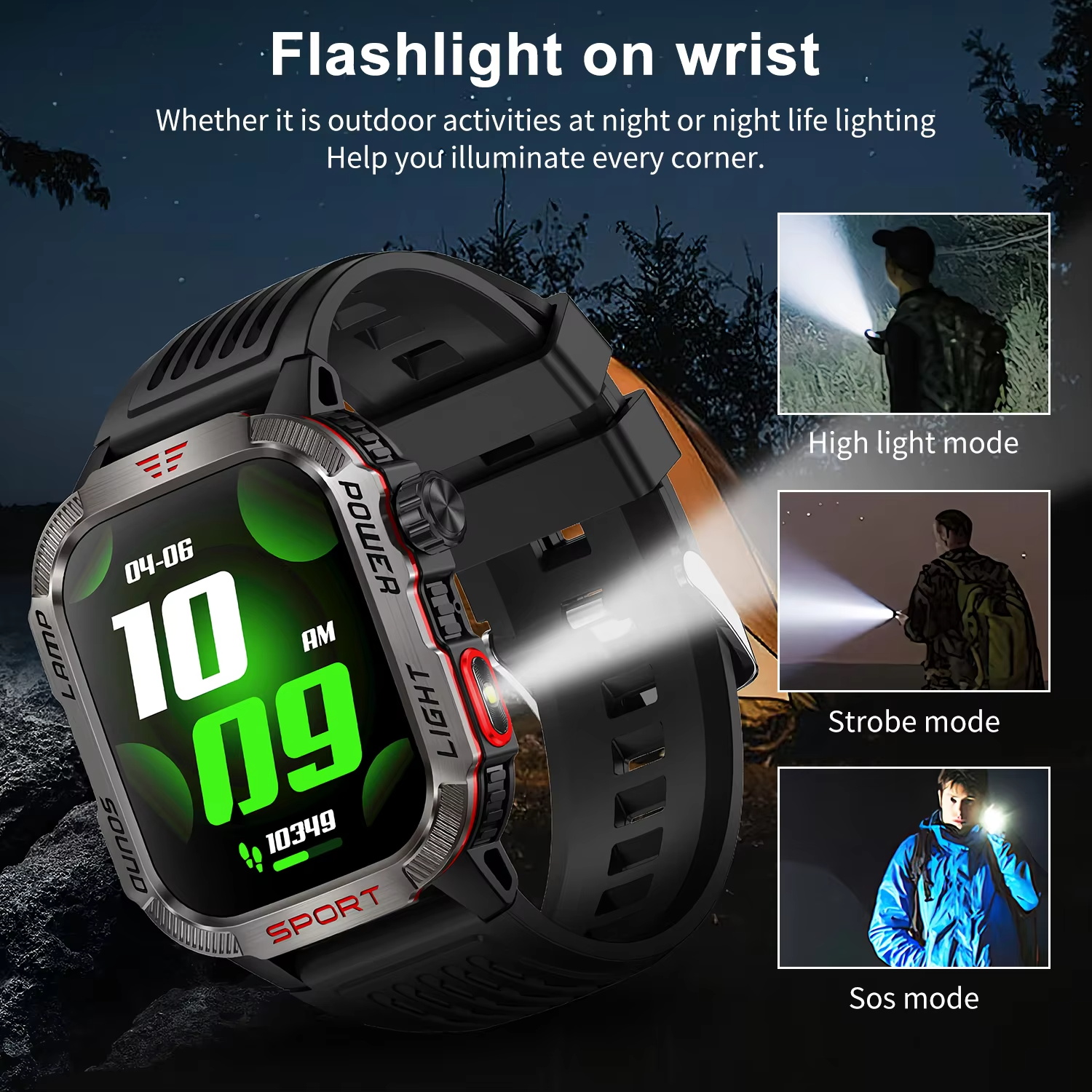 Smart Watch Men LED Flashlight Compass Altitude Air Pressure 100+ Sport Mode Fitness Tracker Outdoor Smartwatch