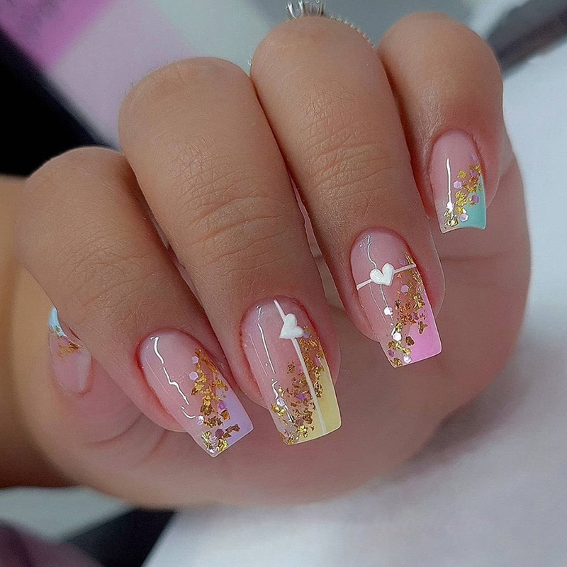 24Pcs/Set Full Cover False Nail Gradients Pink Press Reusable Acrylic Peach Color Fake Nails French Style Stick On Nail Art
