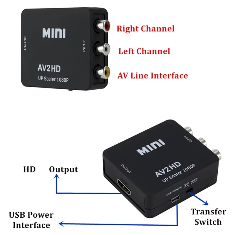AV to HDMI-compatible Converter HD 1080P RCA AV to HDMI-composite CVBS Video Audio Adapter for PS2/3 DVD to TV with USB Cable
