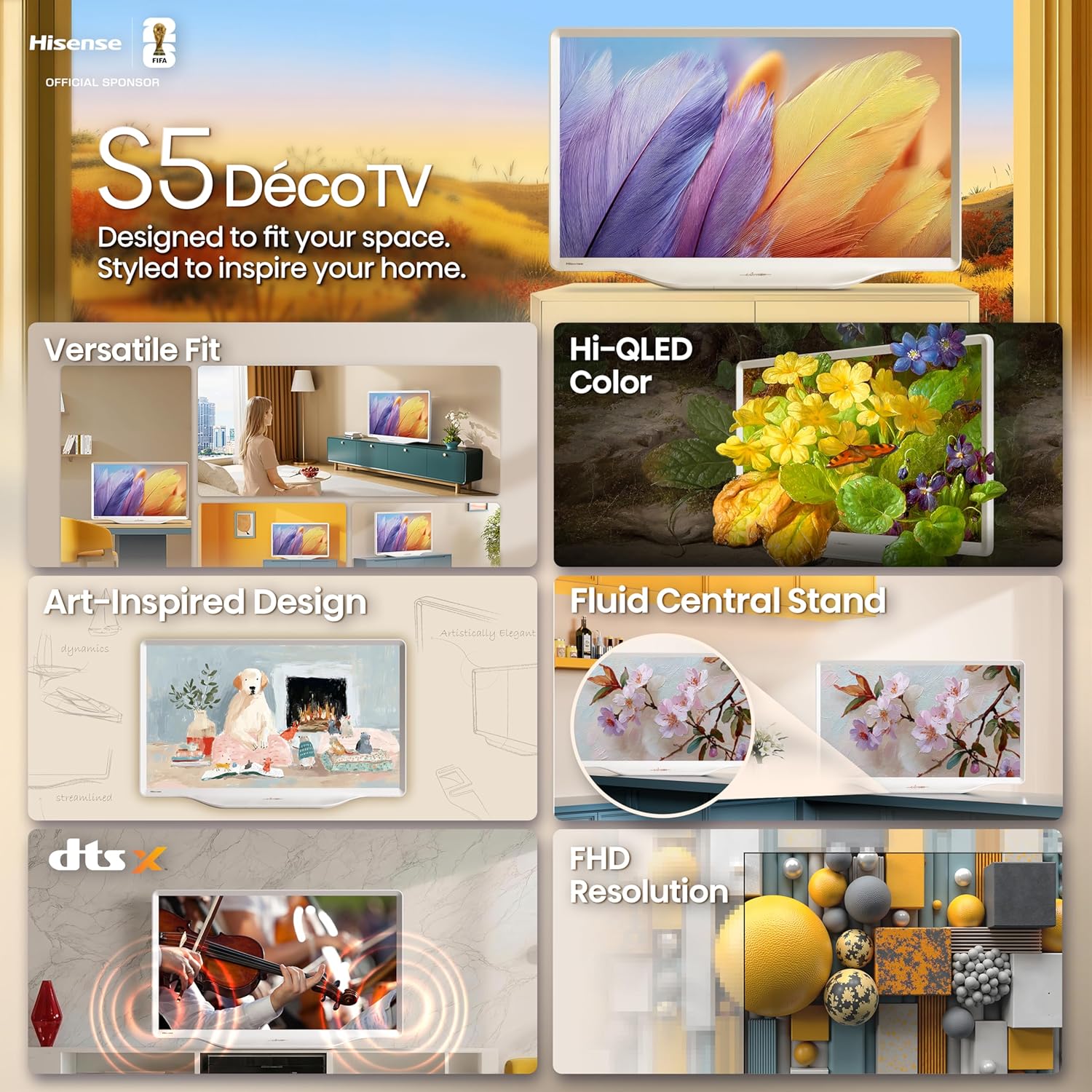 Hisense 32-Inch S5 DécoTV Series Hi-QLED FHD Smart Fire TV (32S5QF, 2025 Model) - Versatile Fit, Hi-QLED Color, Art-Inspired Design, Fluid Central Sta
