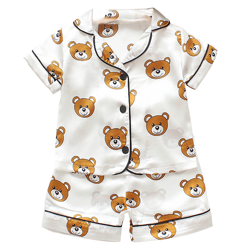 Children's pajamas suit boys and girls ice silk satin cartoon print home service single-breasted short-sleeved cover
