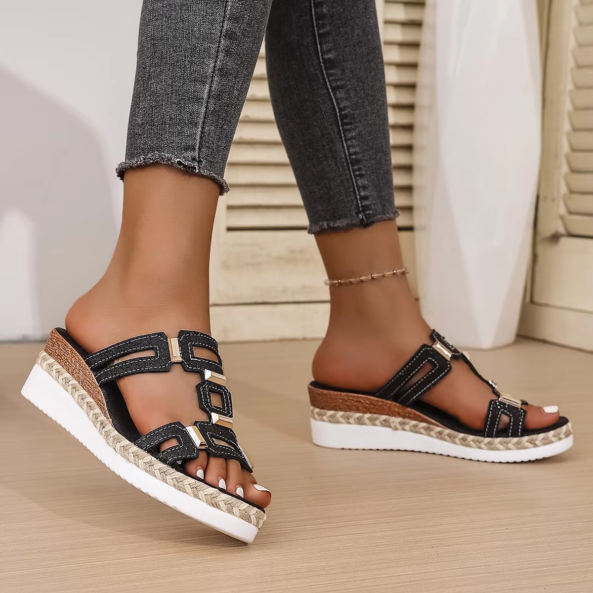Large Size Roman Style Women's Sandals Open Toe Beach Slippers Summer Wedges Comfortable Outdoor Slip-On Shoes for Women