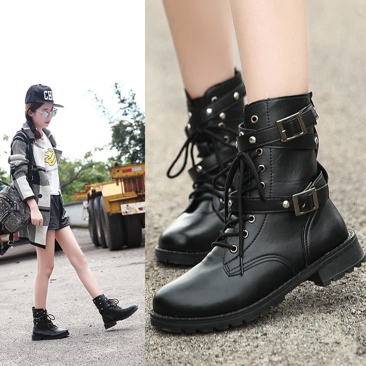 Fashion Women Boot Punk Gothic Style Lace up Round Toe Boots Women Shoes Short Boots Street Motorcycle boots mujer zapatos