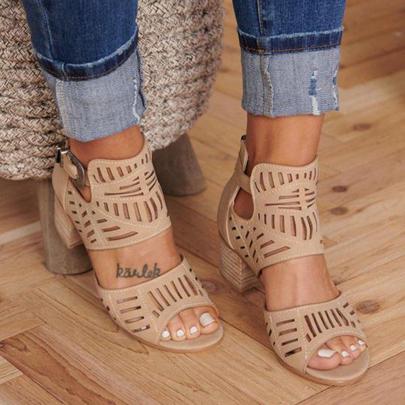 Women's open-toe thick heeled sandals with hollow ankle buckle high heels