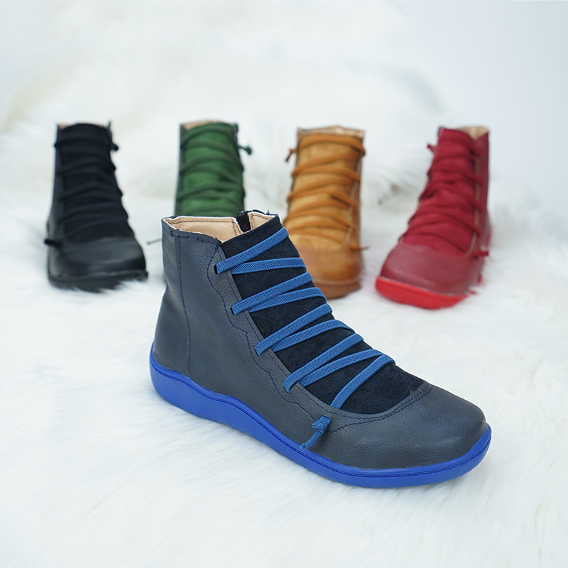 Ankle Boots Autumn Vintage Lace Up Women Shoes Comfortable Flat Heel Boots Female Zipper Short Boots Dropshipping