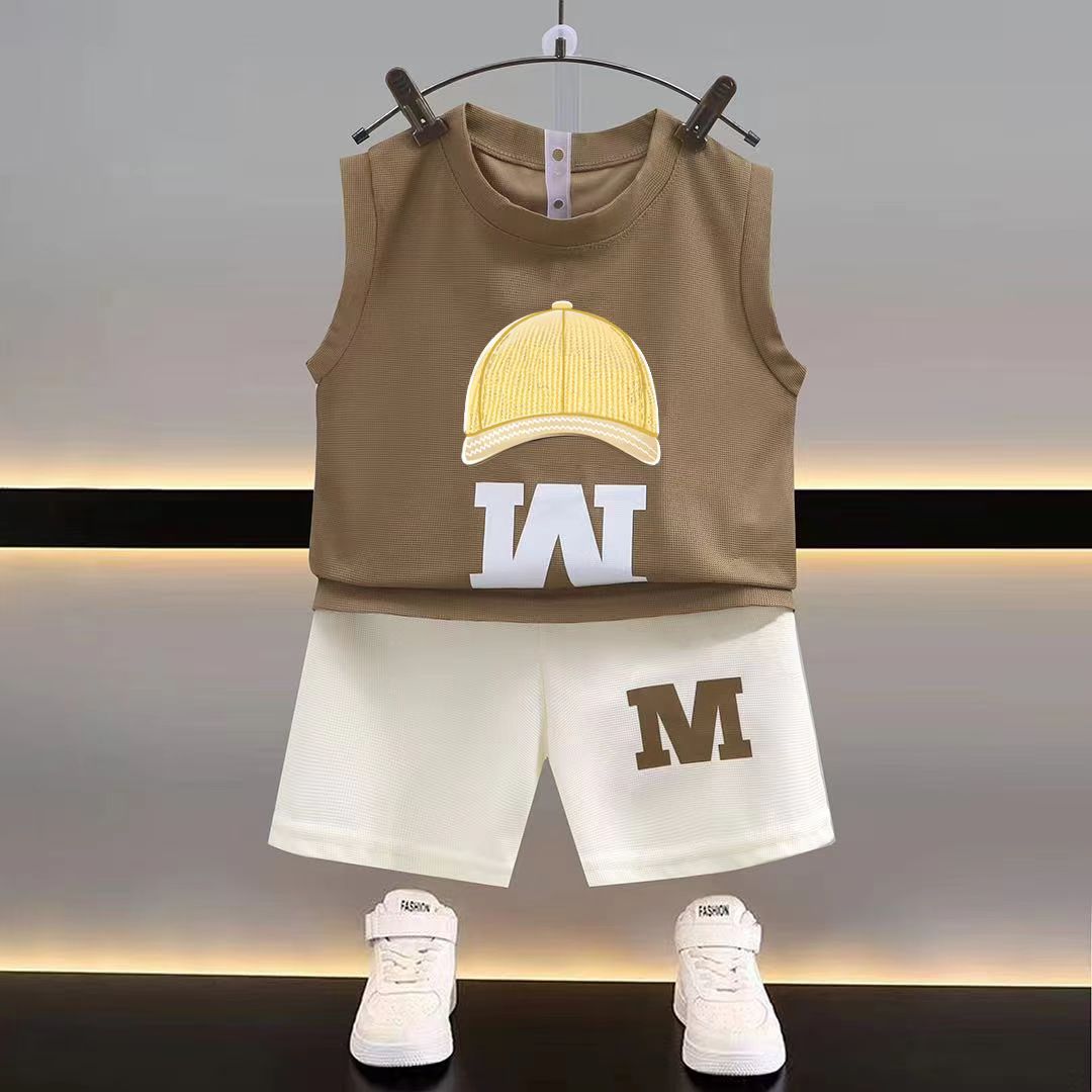2025 New Summer Kids Sports Clothes Sets Boys Girls Cartoon Letter Print Sleeveless Tank Tops + Shorts Baby Casual Clothing