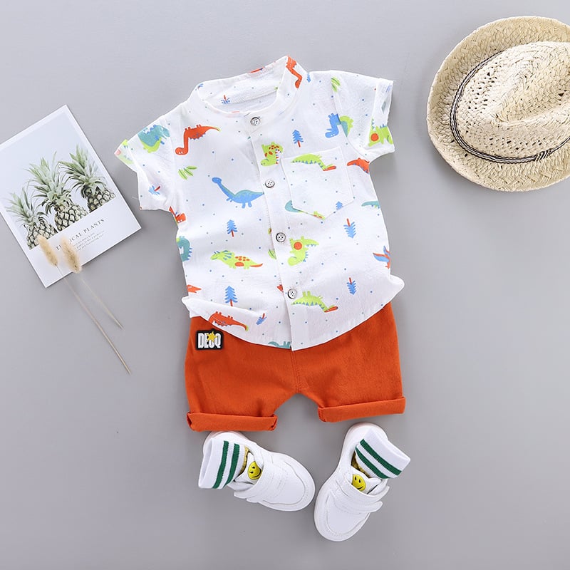 New Cartoon Dinosaur Print Short Sleeve Shirt Pants for Kid Baby Boys Clothes