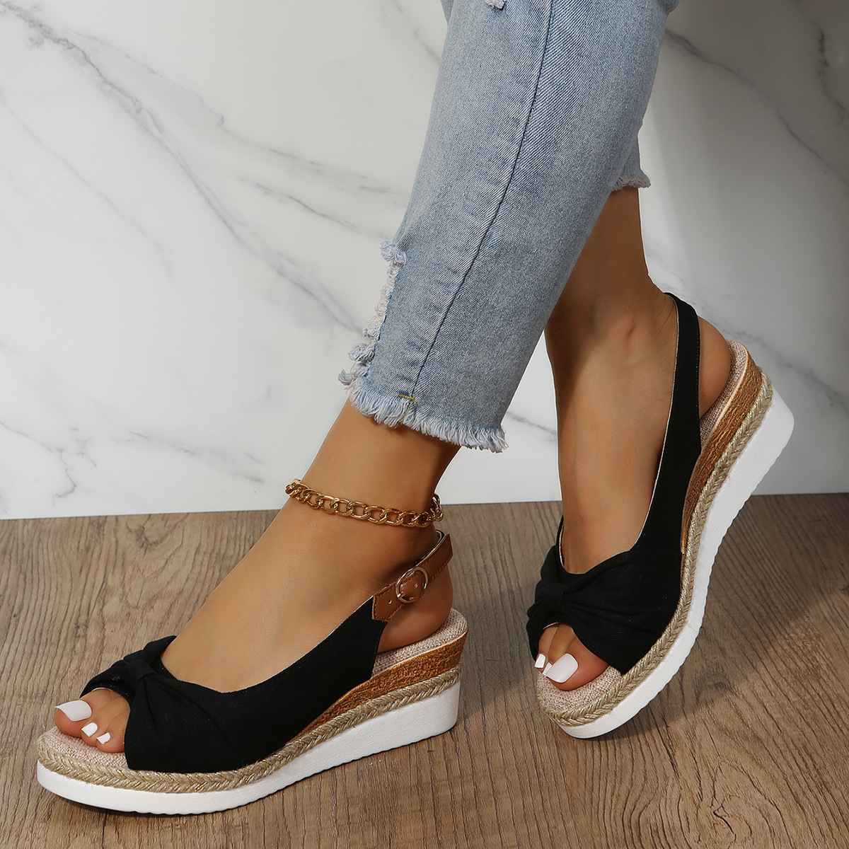New sandals large size hemp rope bow wedge casual sandals women's shoes