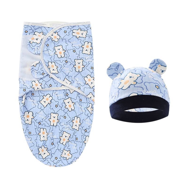 2PCS Cotton Newborn Sleepsack Baby Swaddle Blanket Wrap Hat Set Infant Adjustable New Born Sleeping Bag Muslin Blankets 0-6M