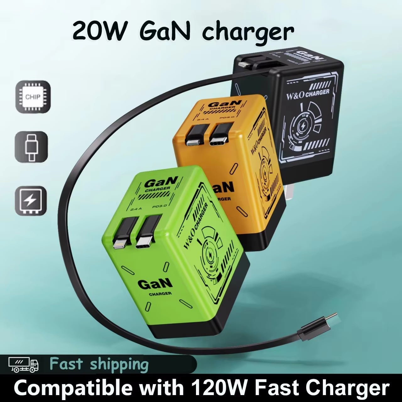 GaN Charger Compatible with 120W Fast Charger Retractable Type-C ligting Cable Portable Adapter For iPhone iPad Samsung