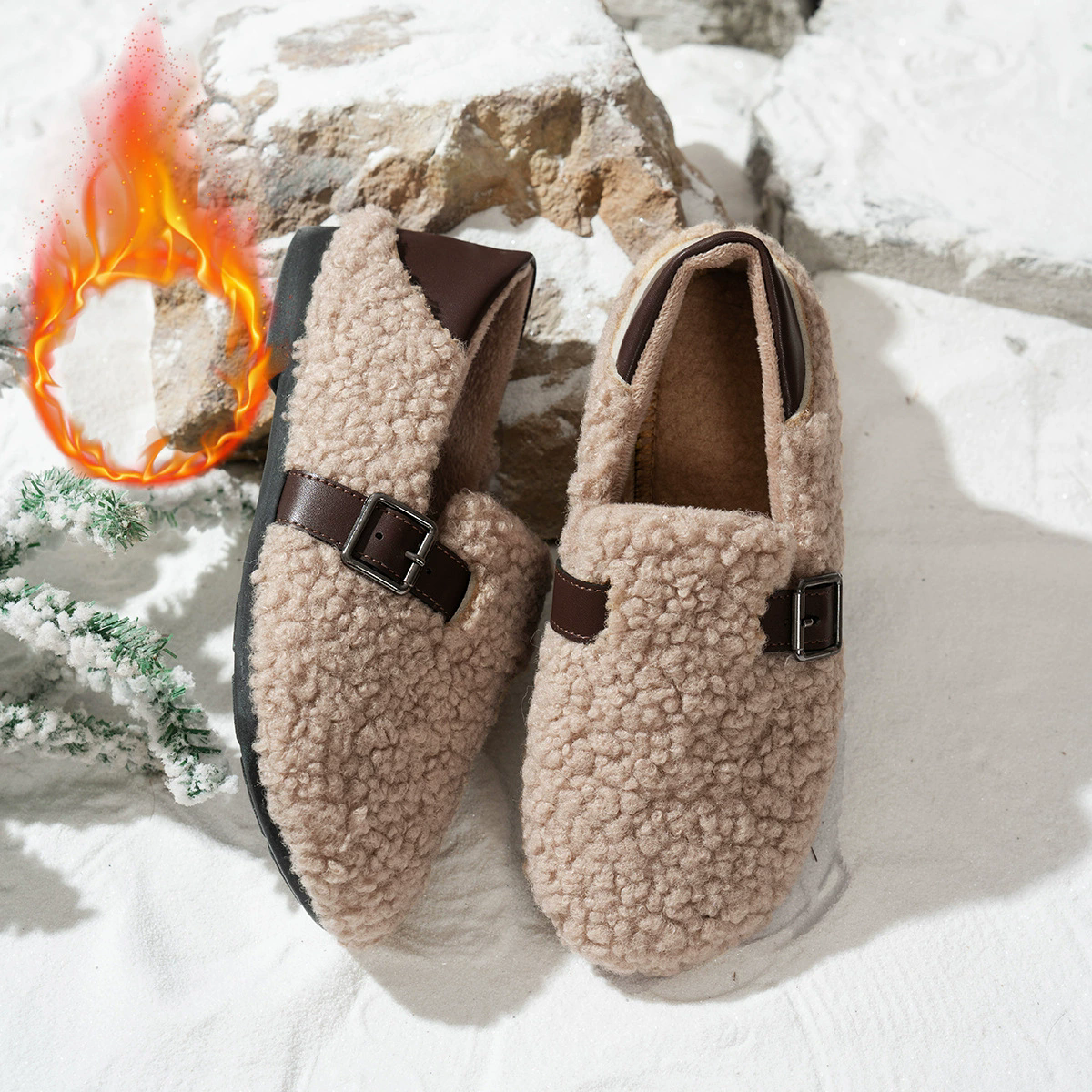 1Pair Women's cotton shoes, low-cut lamb wool warm bean cotton slippers, indoor and outdoor fashionable cozy cotton shoes