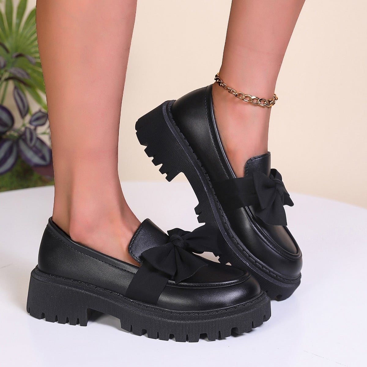 New Le Fu Shoes Women's Bow Thick soled Small Leather Shoes Single Shoes