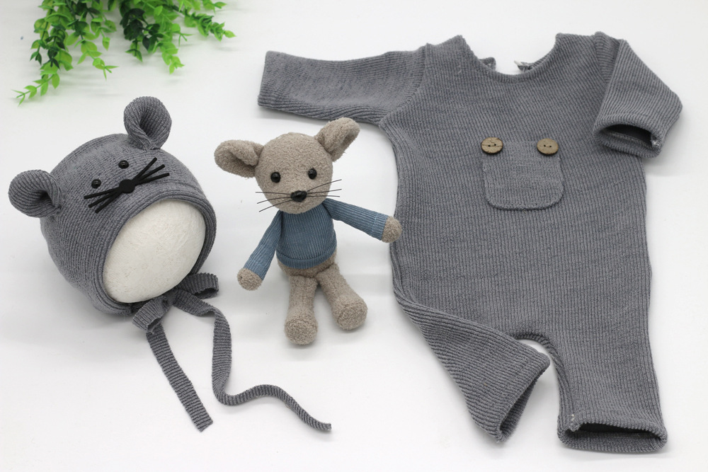Newborn Photography Clothing Baby Soft Knitted One Piece+Hat+Doll Mouse Three Piece Set