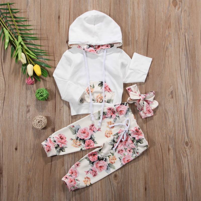 Brand New Infant Toddler Newborn Baby Girls Floral Outfit Clothes Tracksuit Hooded Tops+Leggings Pants Headband 3Pcs Set