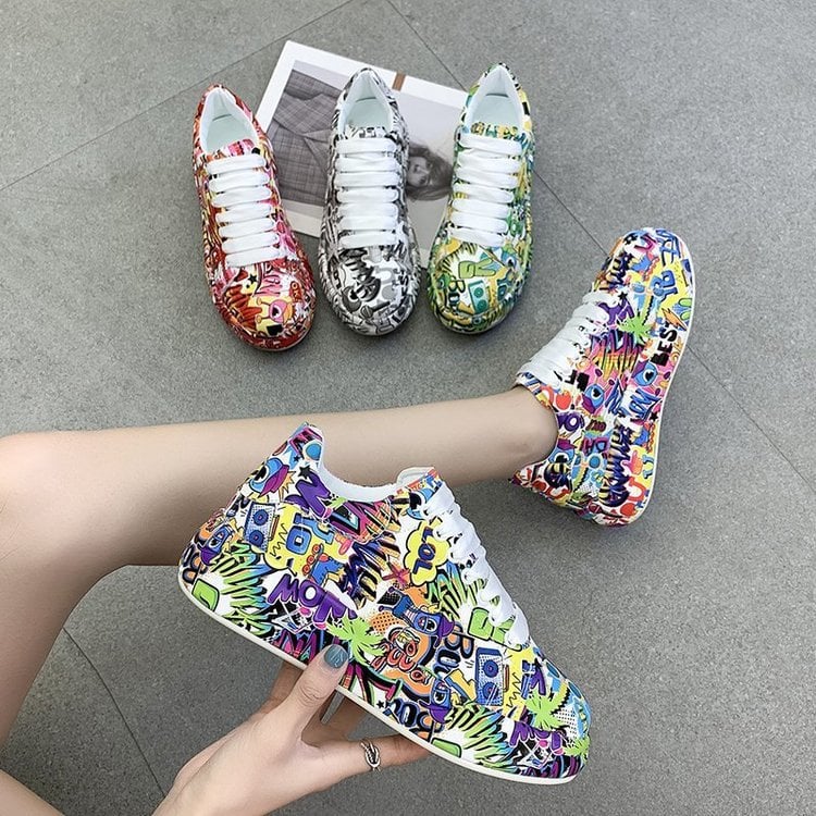 Women's Graffiti Print Sports Shoes Fashion LaceUp Low Top Platform Sneakers Casua Skate Shoes