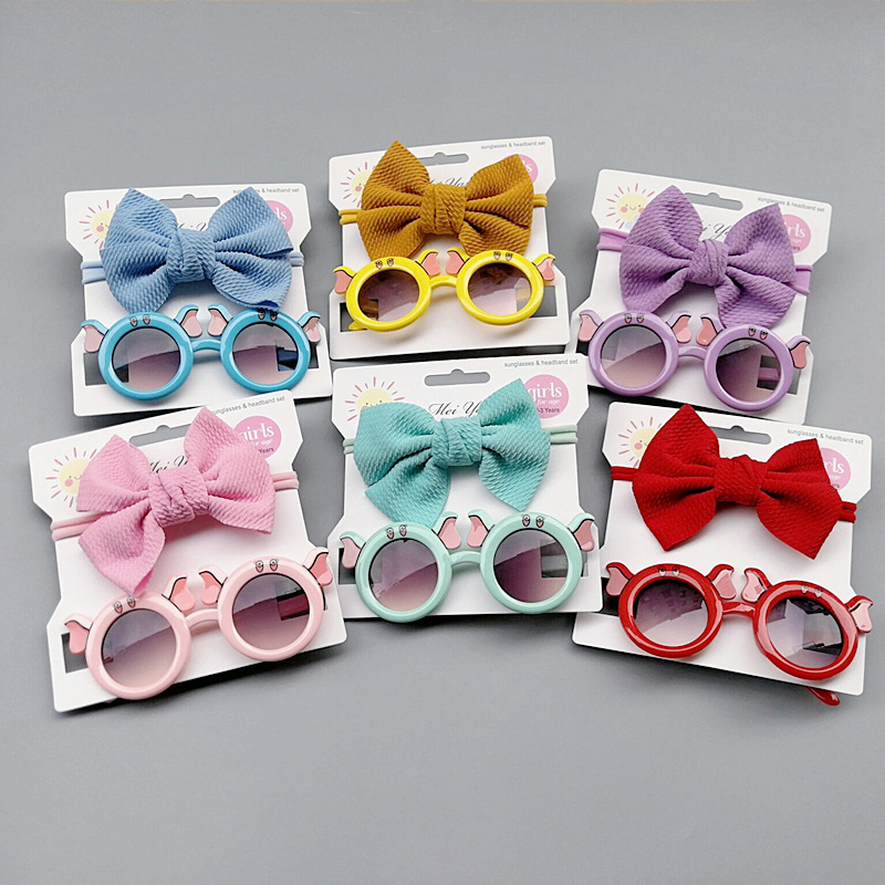 2Pcs/Pack Vintage Kids Summer Bows Headband Round Sunglasses Children Sun Glasses Protection Glasses Baby Hair Accessories