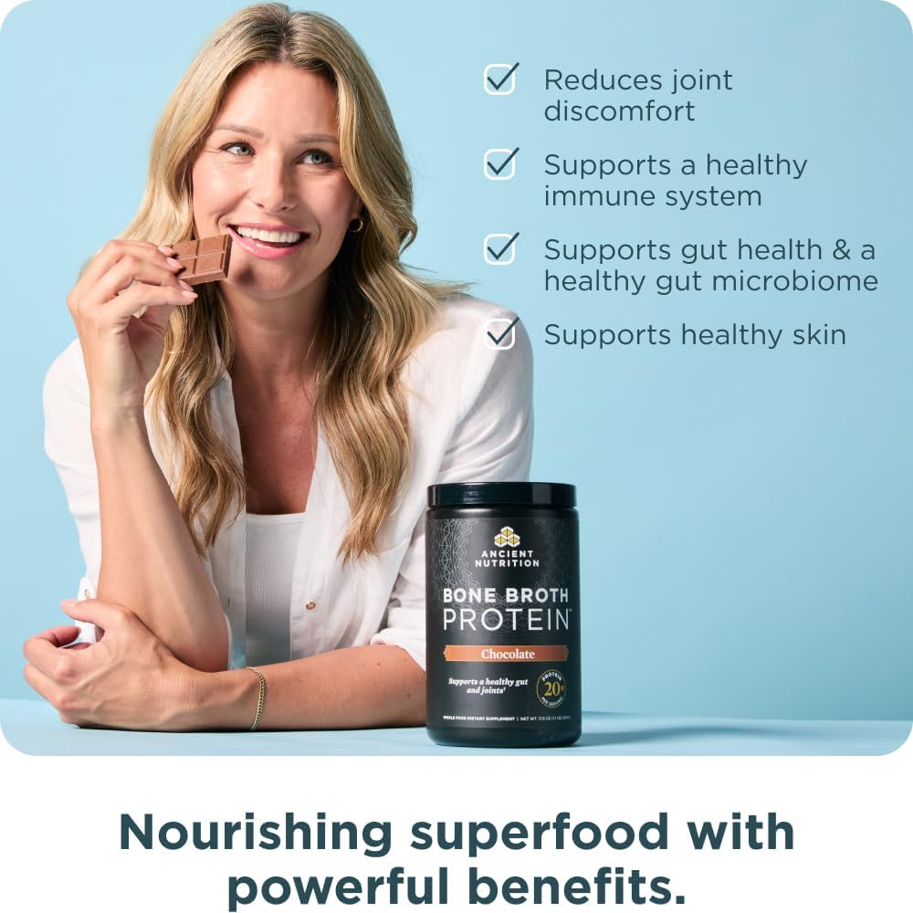 Ancient Nutrition Protein Powder Made from Real Bone Broth, Chocolate, 20g Protein Per Serving, 20 Serving Tub, Gluten Free Hydrolyzed Collagen Peptid