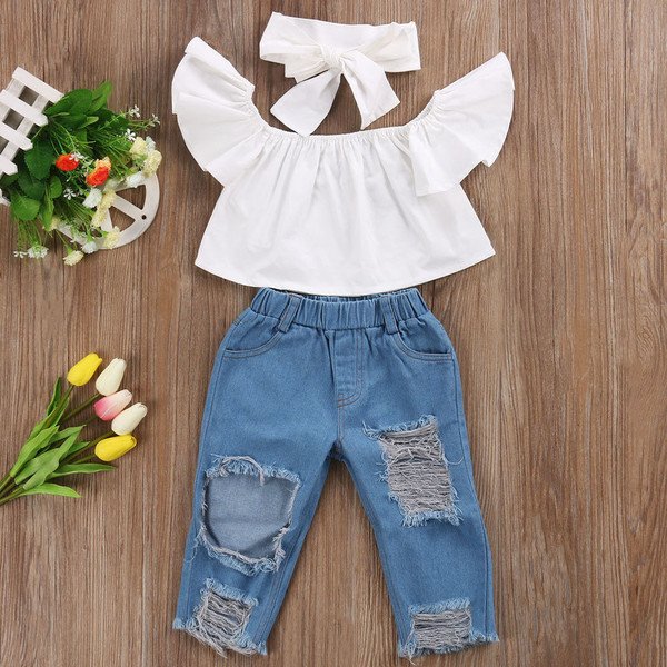 Toddler Girls Kids Off Shoulder Tops Denim Pants Jeans 3pcs Outfits Set Clothes