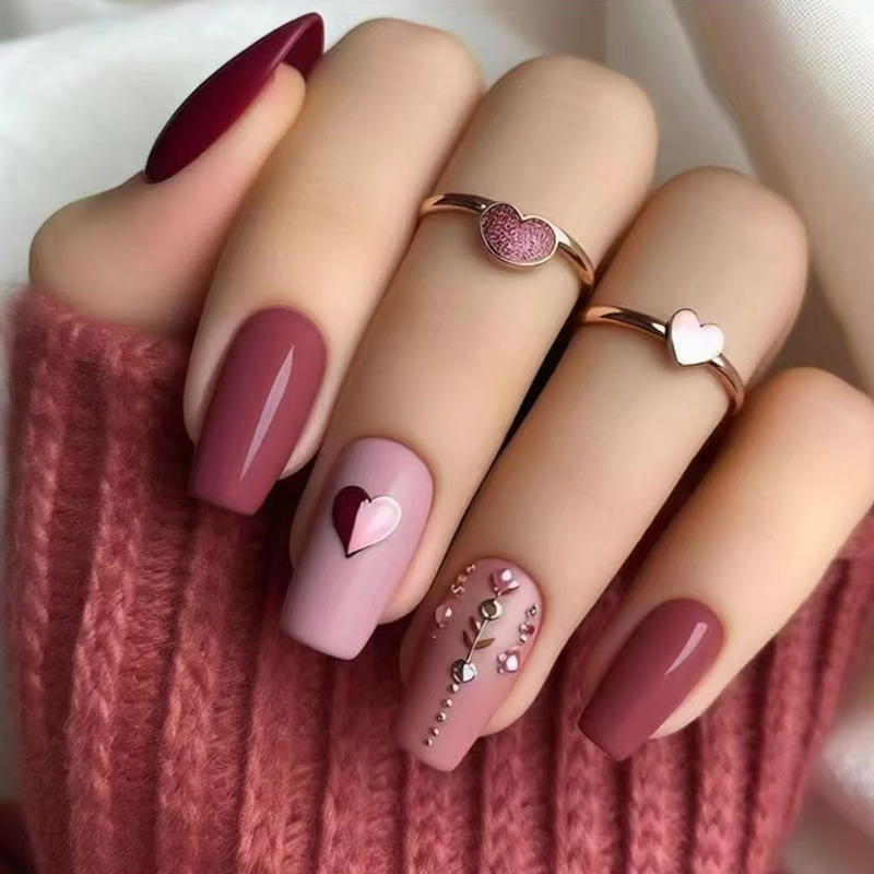 24pcs/Box Detachable Rose Red Woods Pattern Ballerina False Nails Wearable Middle Coffin Fake Nails Full Cover Nail Tips