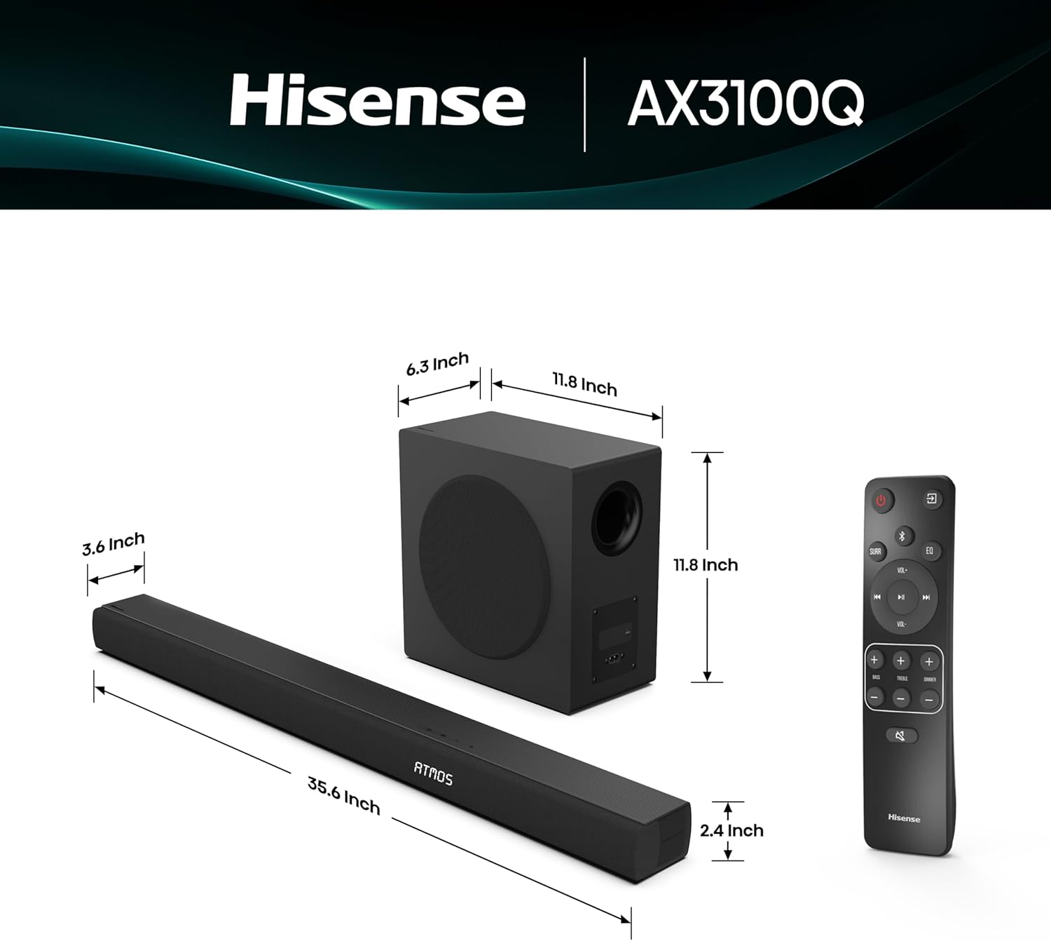 Hisense AX3100Q 3.1Ch Sound Bar with Wireless Subwoofer, Dolby Atmos, DTS:X, Bluetooth 5.3, Roku TV Ready, HDMI/AUX/ARC/Optical/USB, EzPlay, 7 EQ Mode