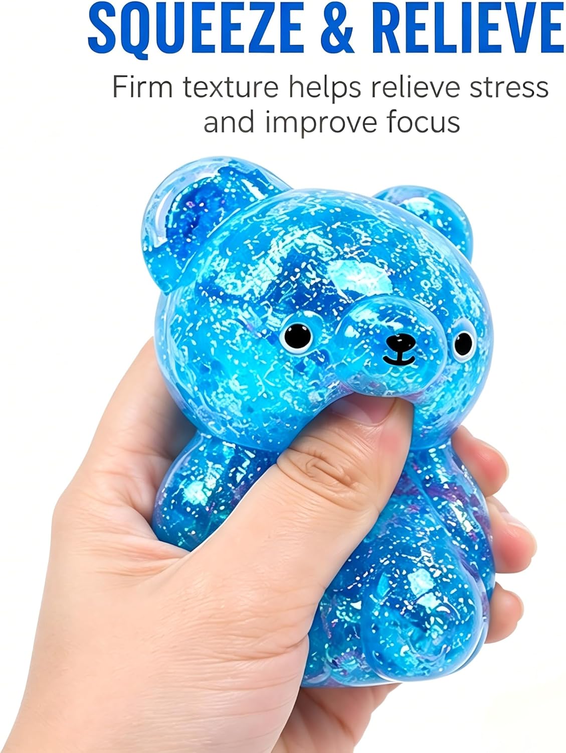 Bear Stress Ball Toy Squishy, Maltose Filled Squeeze Fidget Toy for Stress Relief, Glitter Animal Squishies with Stretchable Soft Texture for Party Fa