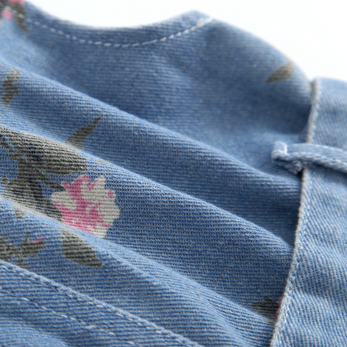 Girls' sleeveless denim dress summer flower print denim skirt cinched waist lapel thin sundress