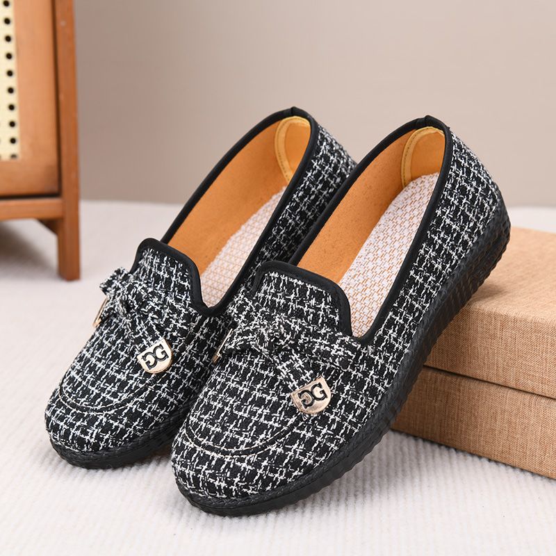 Women's Monogram Print Bow Loafers New Jacquard Fabric Low Heel Slip-On Dress Shoes for Female Office Daily
