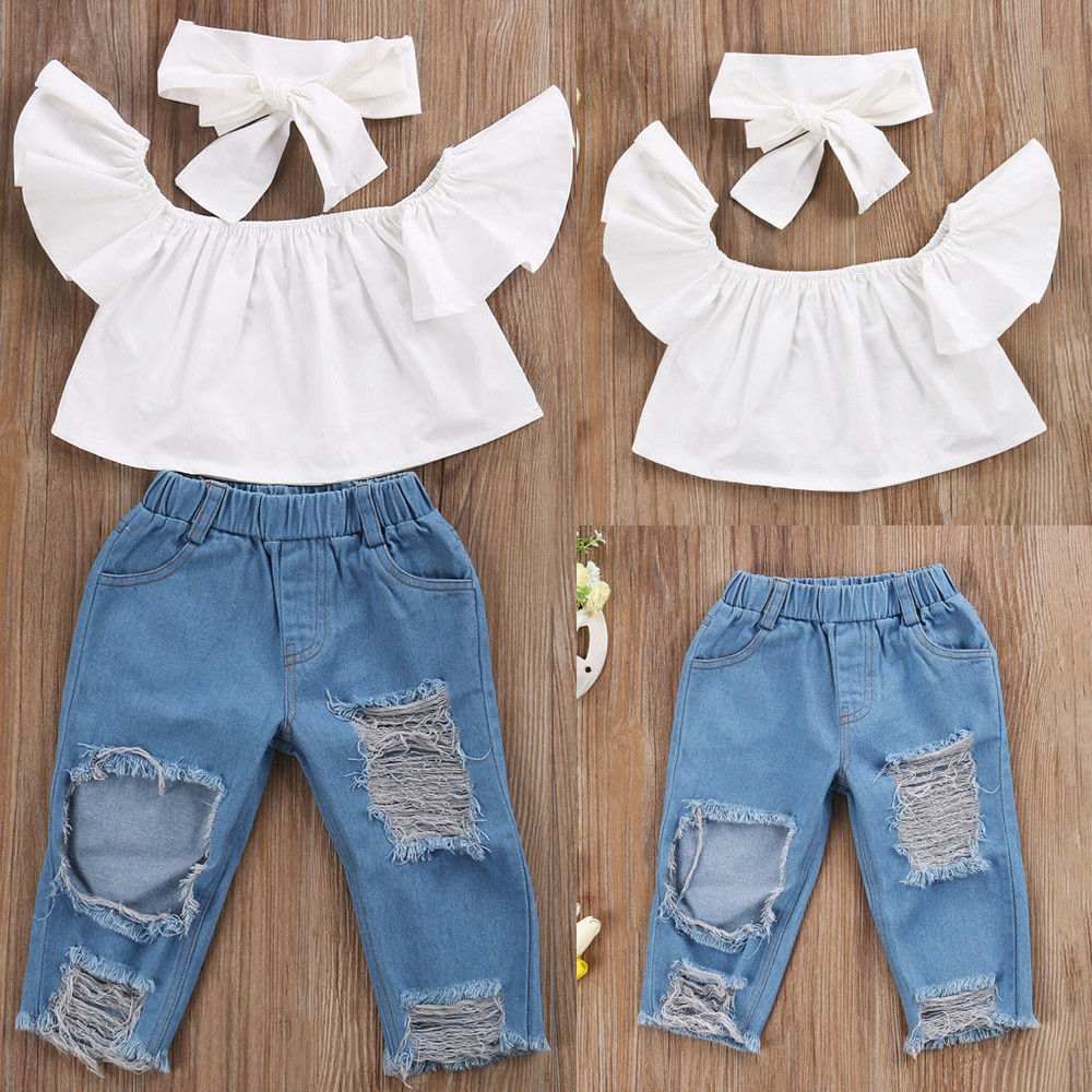 Toddler Girls Kids Off Shoulder Tops Denim Pants Jeans 3pcs Outfits Set Clothes