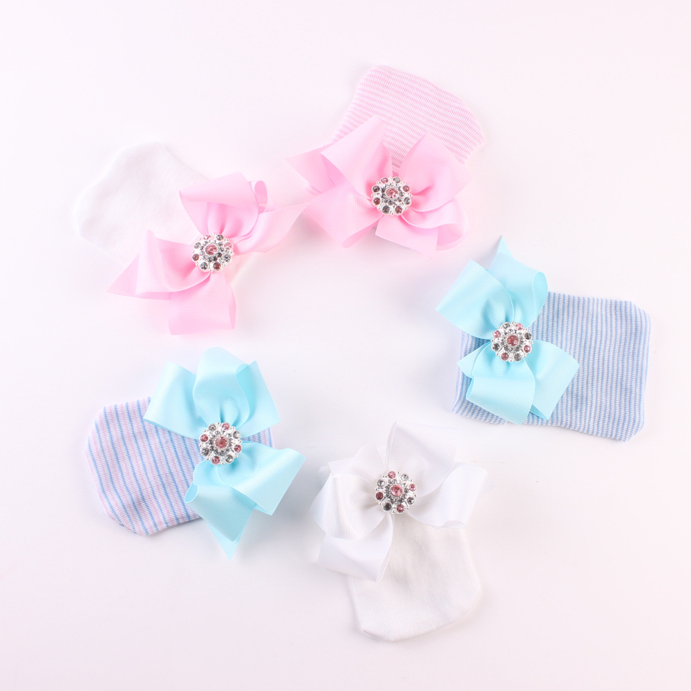 Big bow tie shiny diamond Pink Stripe girl baby knitting hat newborn baby Pullover hat