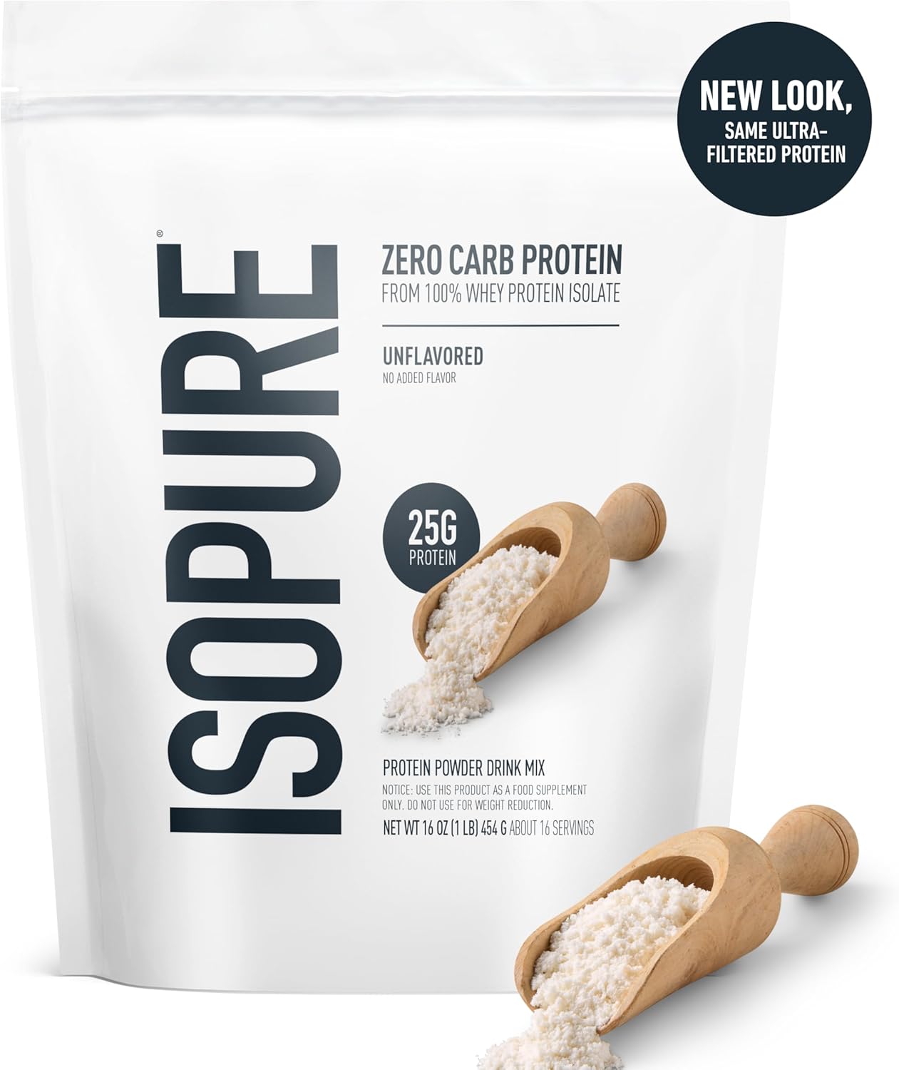 Isopure Zero Carb 100% Pure Whey Isolate Protein Powder, Gluten Free, with Vitamins, Unflavored, 25g Protein Per Serving, 1 Lb, 16 Servings (Packaging
