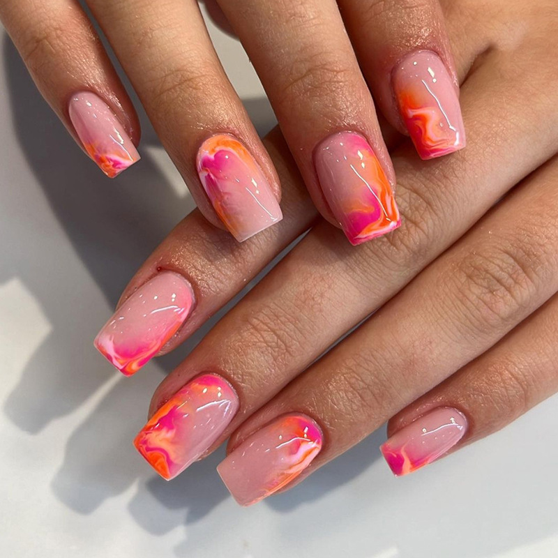 24Pcs French Tip Press On Nails Short Square With Flowers Design False Nails Coffin Fake Nails Wearable Manicure Nail Tips