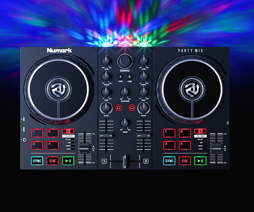 Numark Party Mix II - Complete DJ Controller Set for Serato DJ with 2 Decks, Party Lights, Headphone Output, Performance Pads