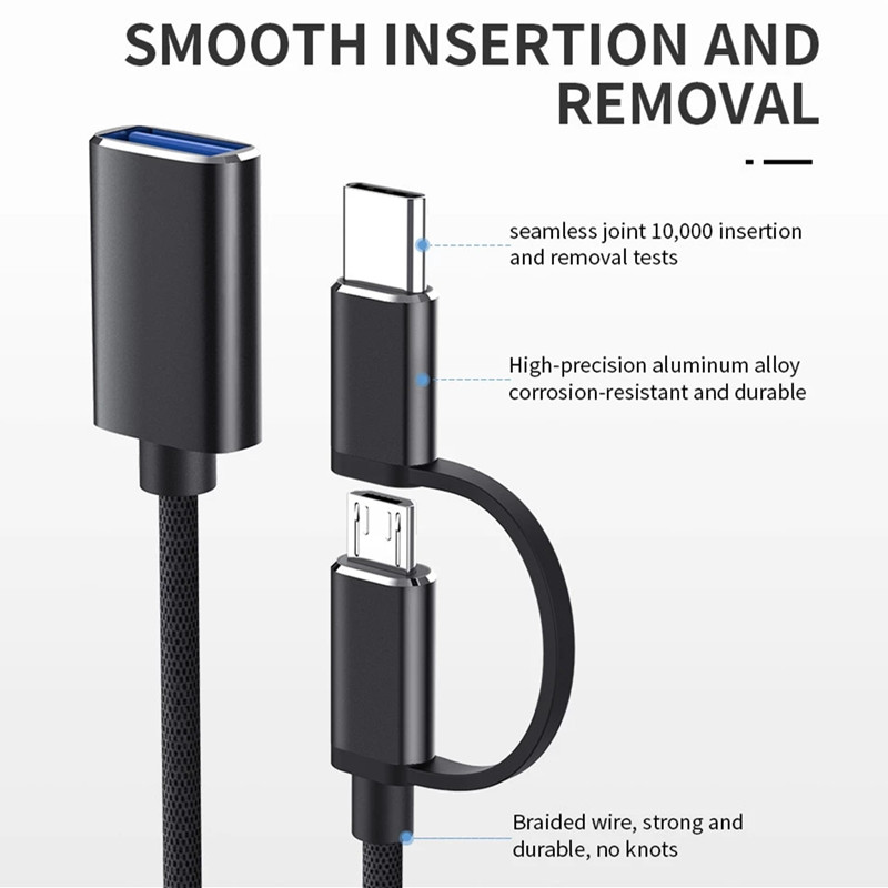 2 in 1 OTG Adapter Cable USB 3.0 to Micro USB Type C Data Sync Adapter for U Disk to Type-C Smartphone Nylon Braid