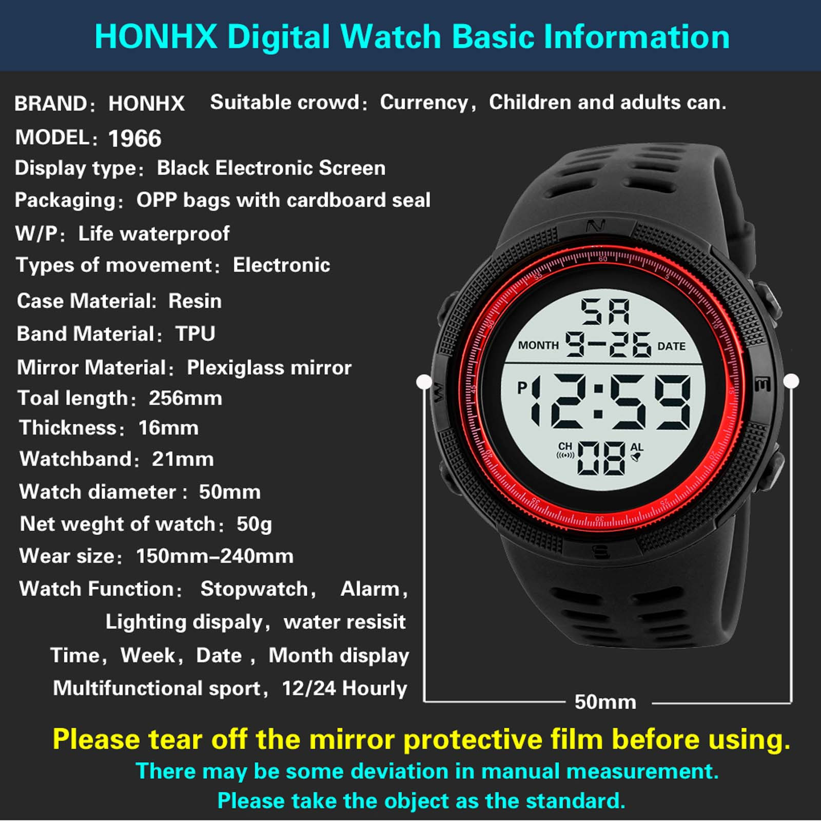 Sport Digital Round Watch Luminous LED Dial Casual Multifunction Clock Outdoor Rubber Strap Fashionable Waterproof Watch For Men