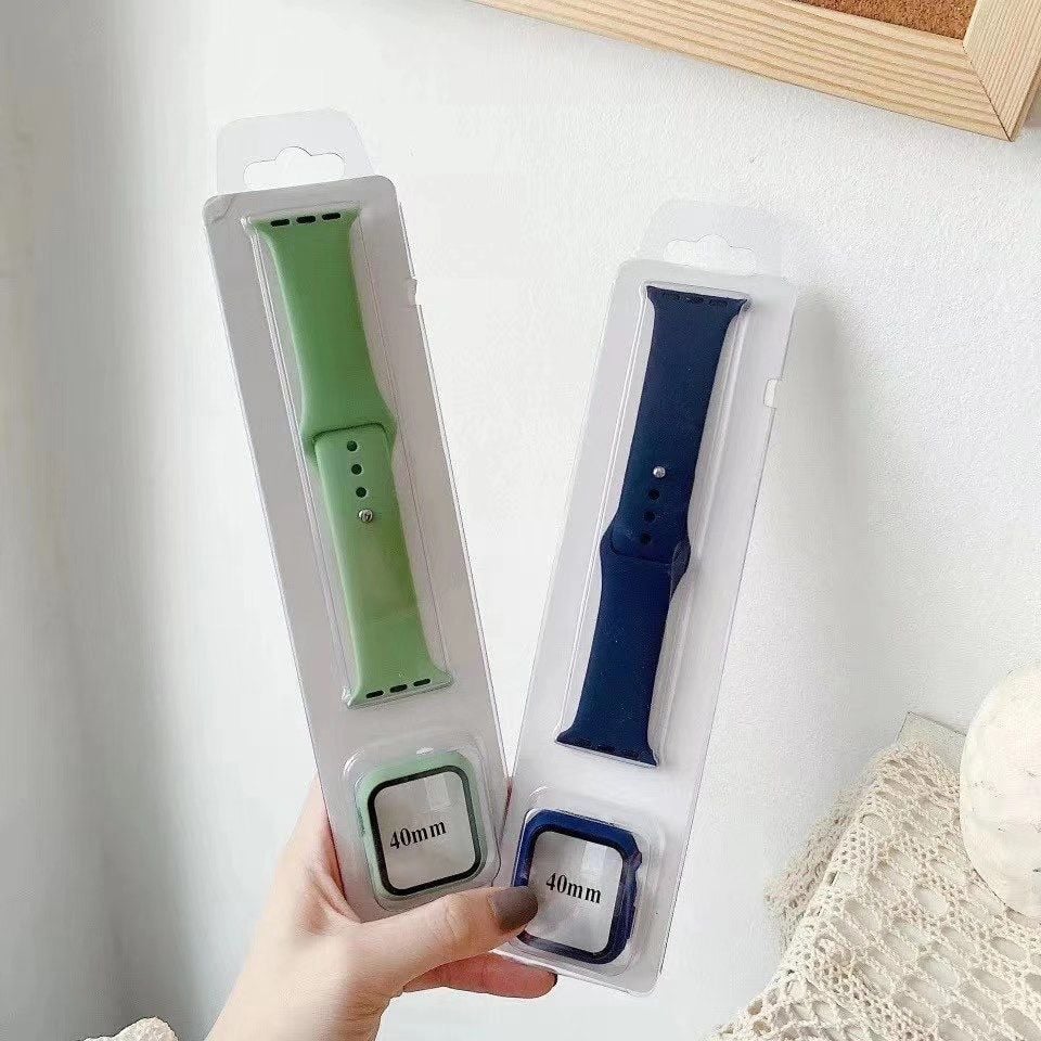 Glass+Case+band For Apple Watch bands 44mm 40mm 45mm 41-38mm 42mm Silicone sport bracelet iWatch series10 8 9 7 6 5 4 3 SE strap