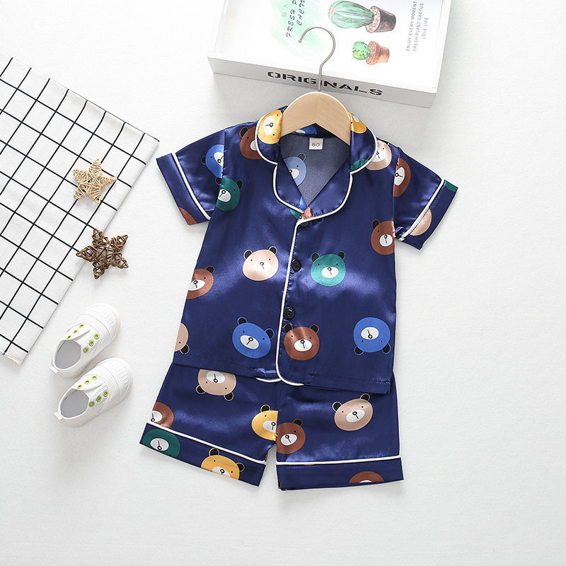 Summer new products for boys and girls cartoon animal cardigan pajamas ice silk short-sleeved shorts children's home service