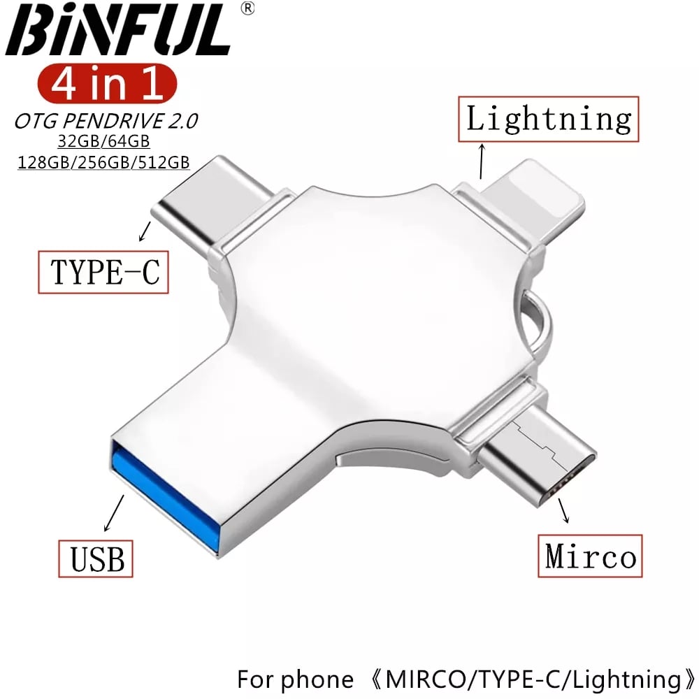 Binful 4in1 USB 3.0 Flash Drive 256GB 128GB 64GB 32GB Metal Pendrive for iphone iPad iso Android OTG type c USB Memory stick