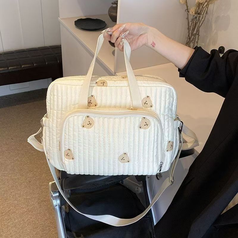 1pcs Cute Bear Flower Embroidery Pattern Baby Beige Cotton Fabric Zipper Diaper Handbag New Luggage Bag