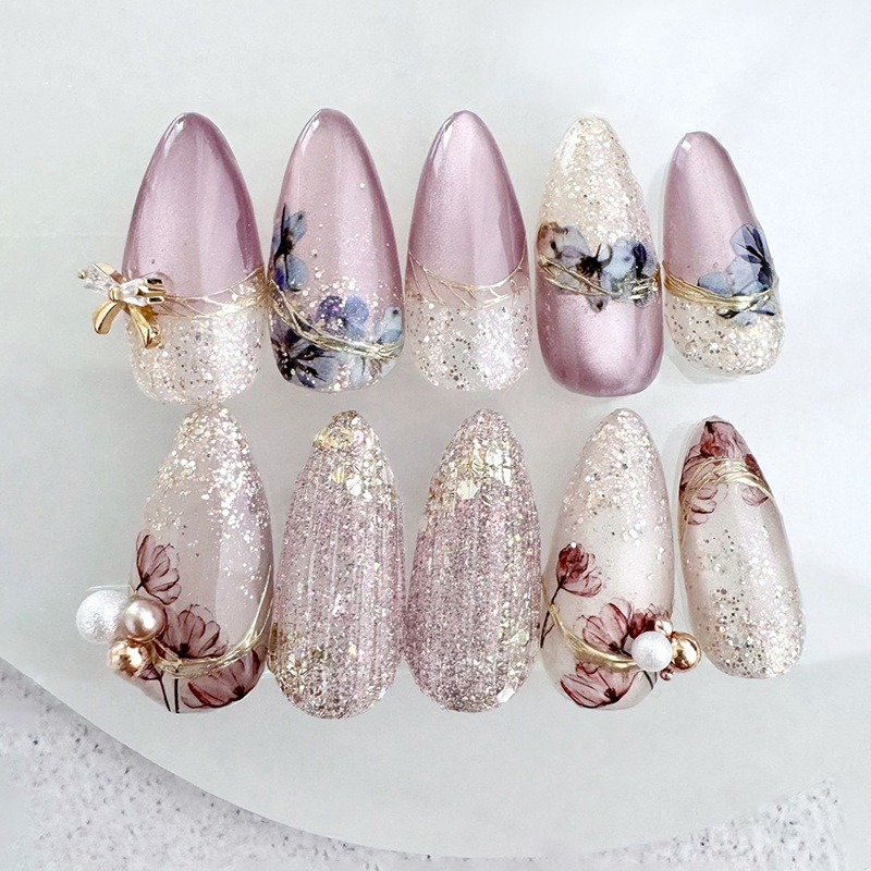 24Pcs Sweet Short Almond French False Nails with Glue 3D Wave Nail Pattern Floral Pink Blush Press on Acrylic Nail Manicure Tips