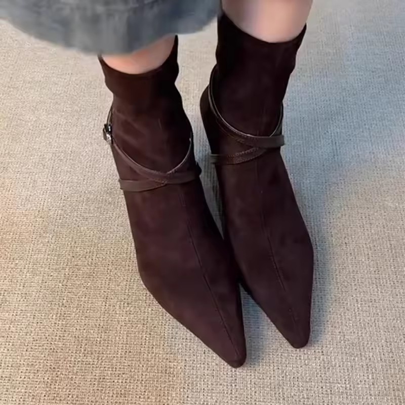 High Heel Back Zipper Women's Scrub Belt Buckle Pointed Toe Temperament Booties Vintage Slim Follower Single Boots